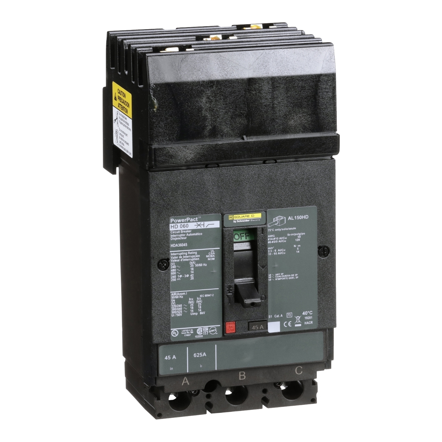 Circuit breaker, PowerPacT H, 45A, 3 pole, 600VAC, 14kA, I-Line, thermal magnetic, 80%, ABC