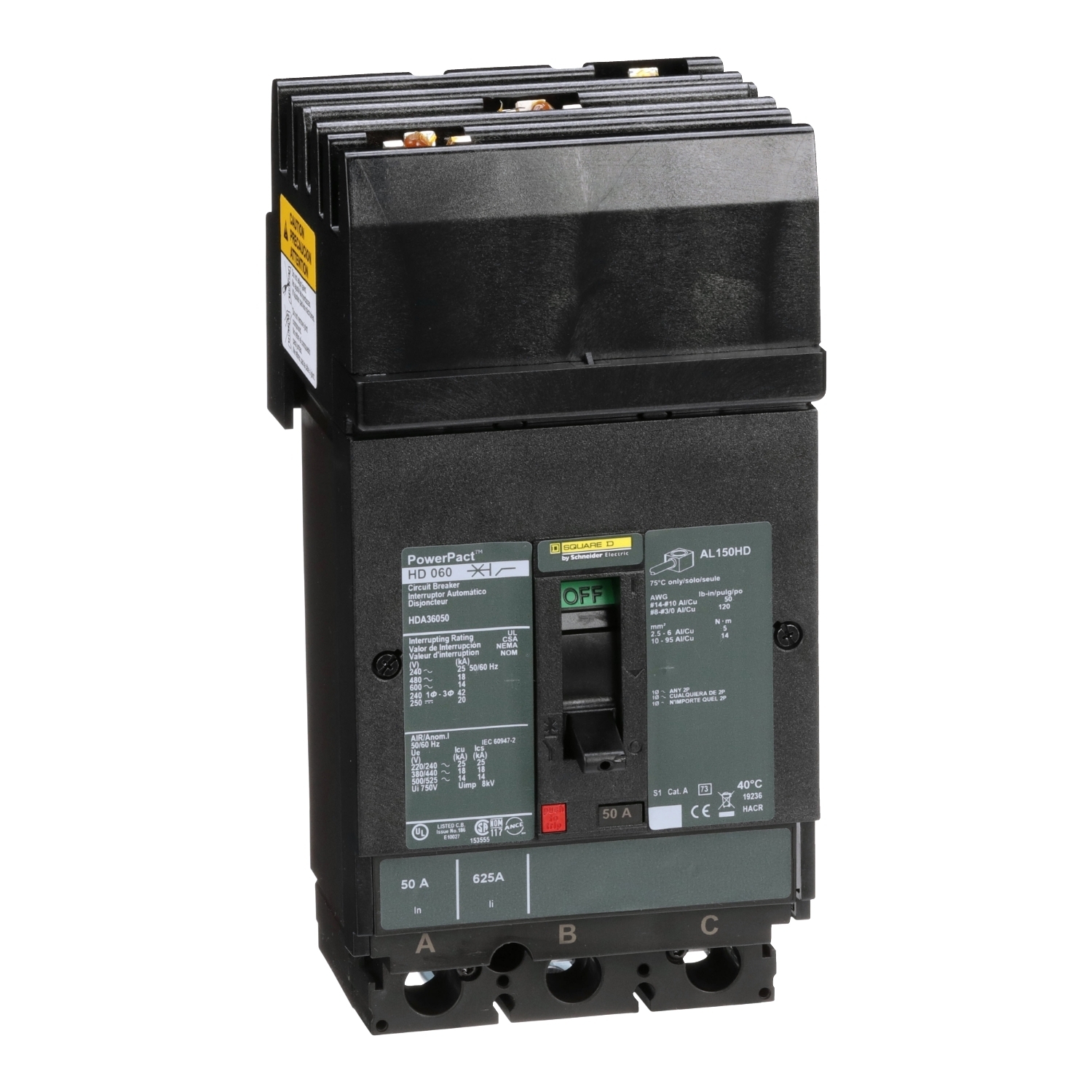 Circuit breaker, PowerPacT H, 50A, 3 pole, 600VAC, 14kA, I-Line, thermal magnetic, 80%, ABC