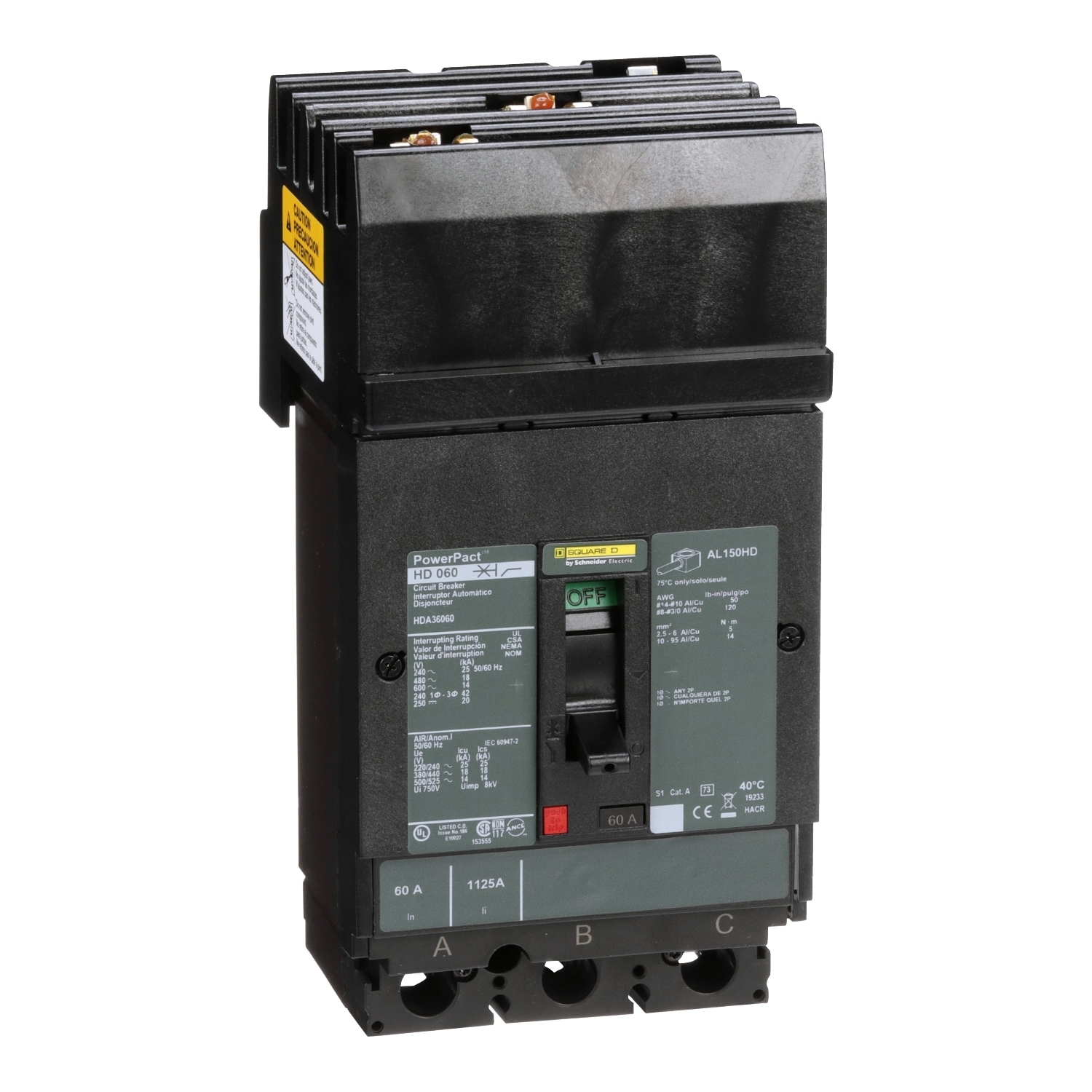 Circuit breaker, PowerPacT H, 60A, 3 pole, 600VAC, 14kA, I-Line, thermal magnetic, 80%, ABC