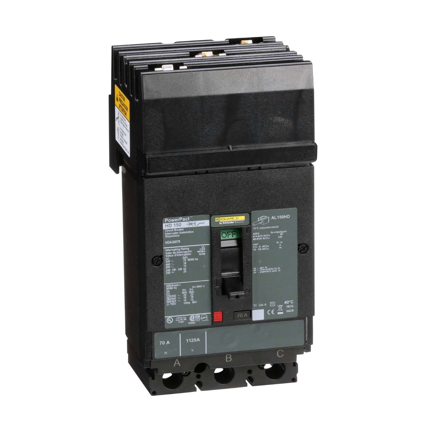 Circuit breaker, PowerPacT H, 70A, 3 pole, 600VAC, 14kA, I-Line, thermal magnetic, 80%, ABC