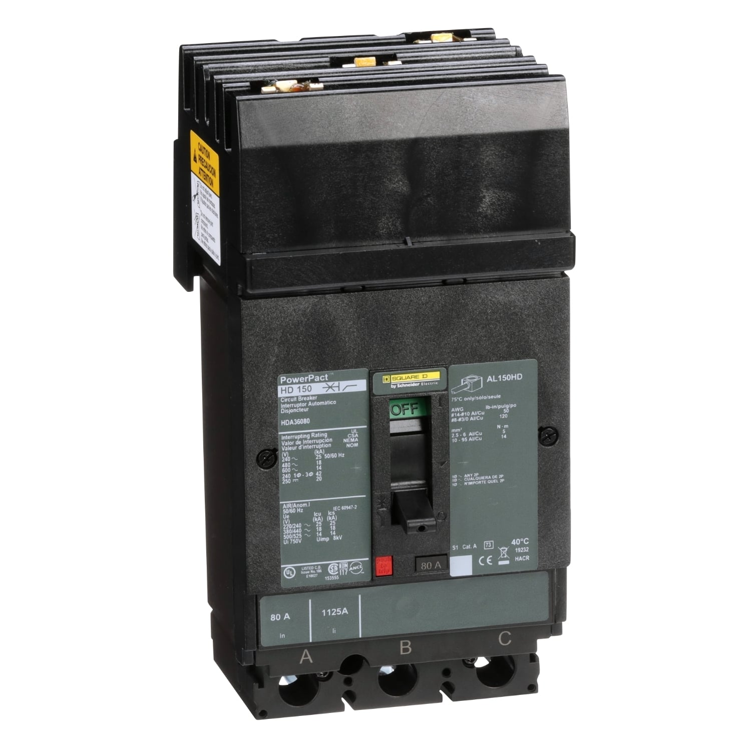Circuit breaker, PowerPacT H, 80A, 3 pole, 600VAC, 14kA, I-Line, thermal magnetic, 80%, ABC