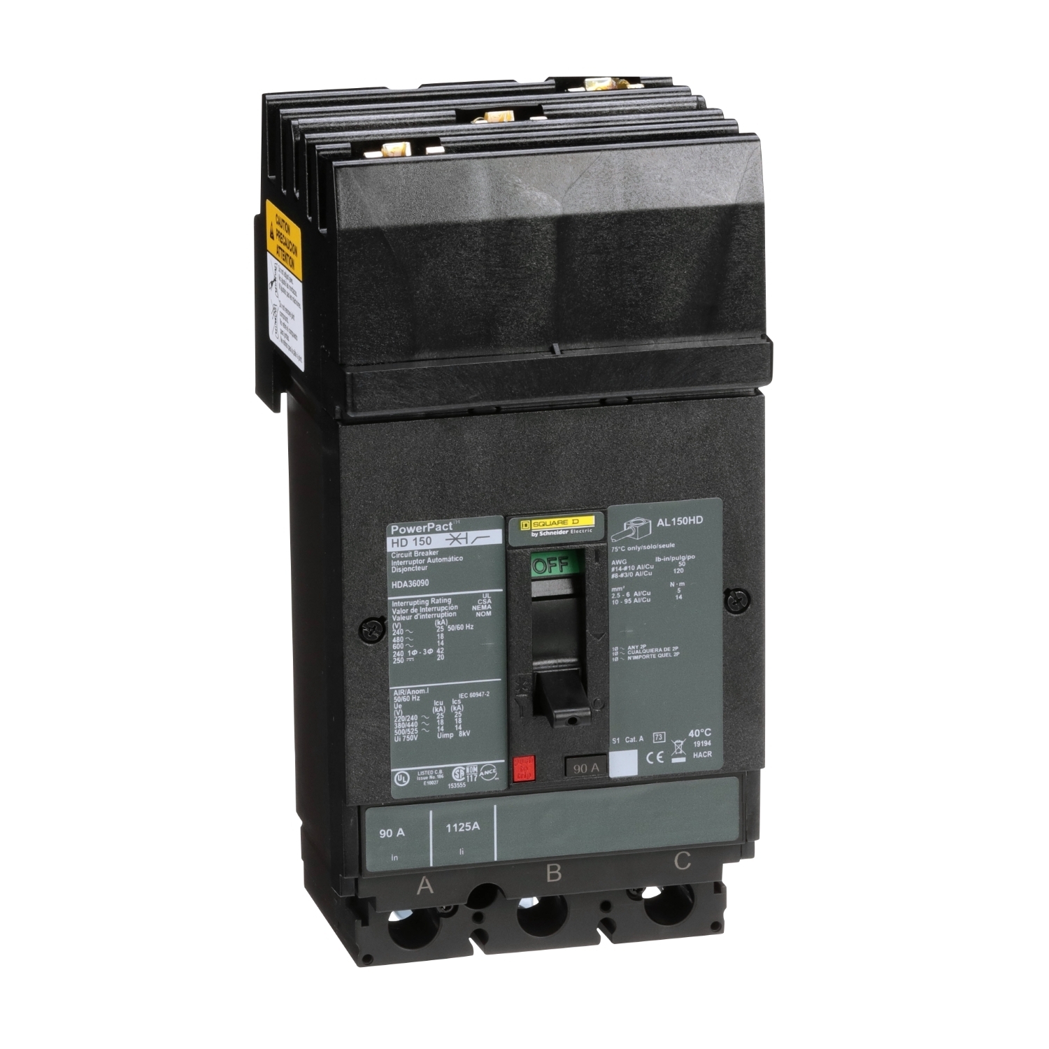 Circuit breaker, PowerPacT H, 90A, 3 pole, 600VAC, 14kA, I-Line, thermal magnetic, 80%, ABC