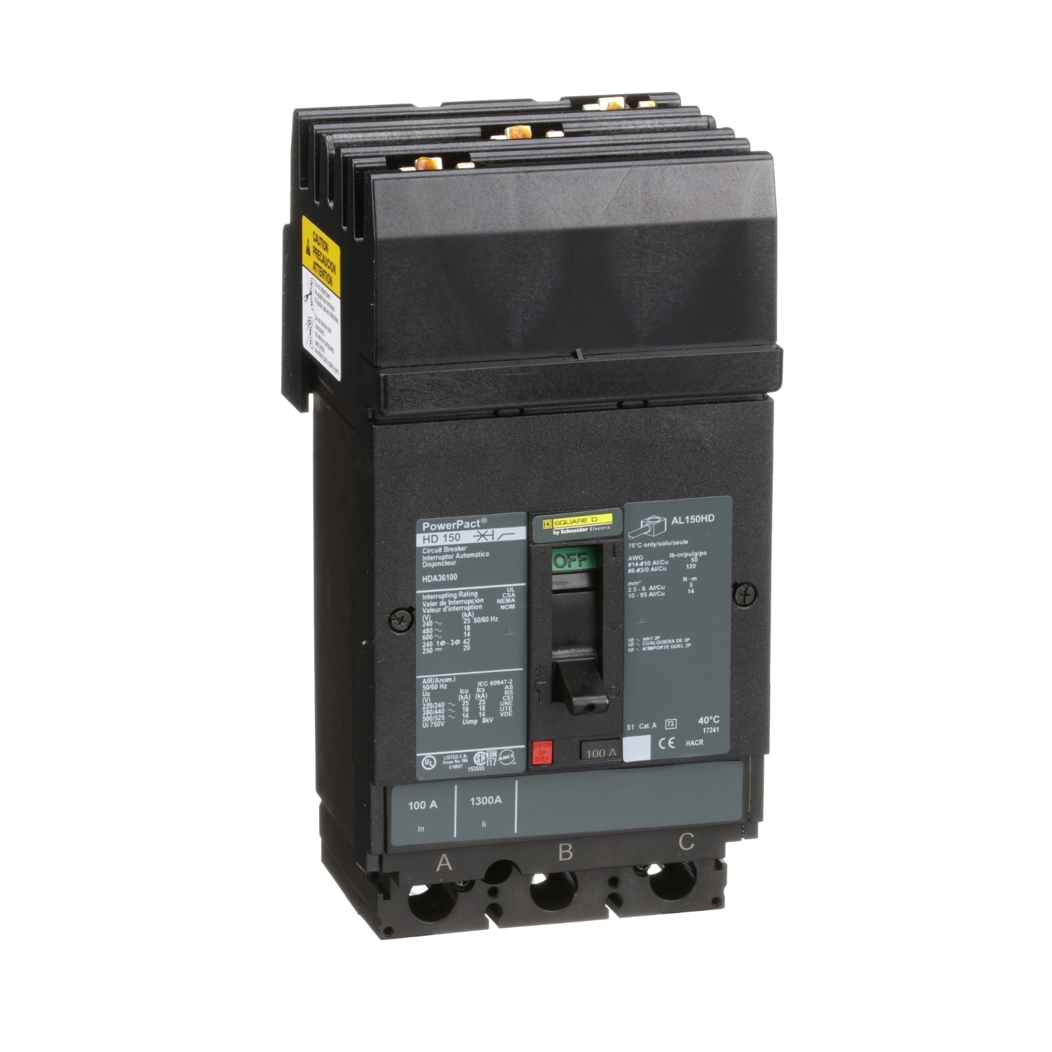Circuit breaker, PowerPacT H, 100A, 3 pole, 600VAC, 14kA, I-Line, thermal magnetic, 80%, ABC