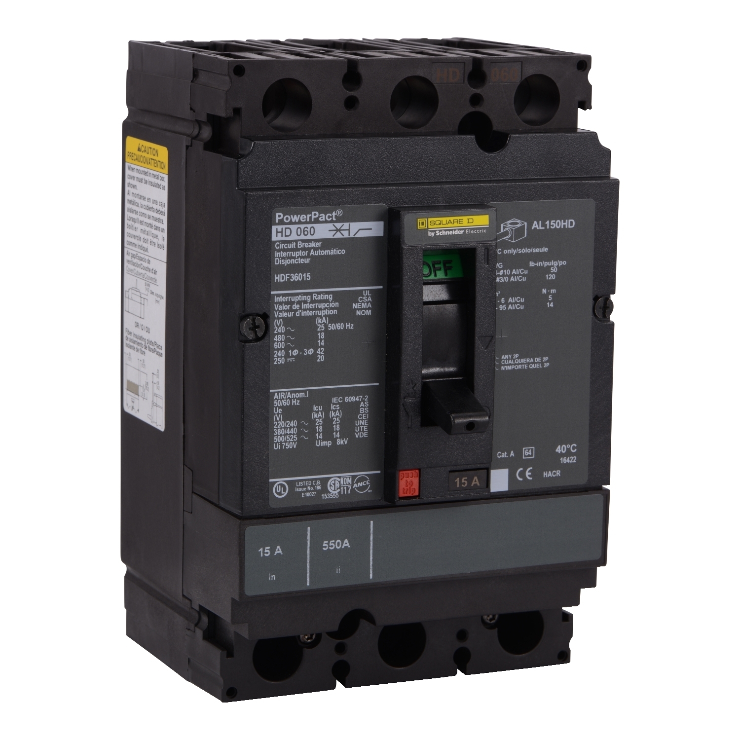 Circuit breaker, PowerPacT H, 60A, 3 pole, 600VAC, 14kA, busbar, thermal magnetic, 80%