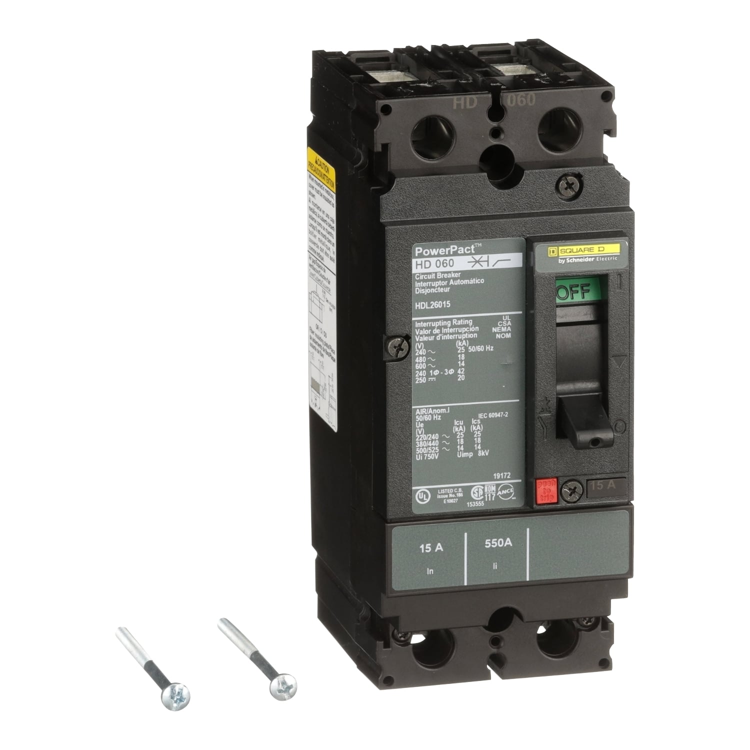 Circuit breaker, PowerPacT H, 15A, 2 pole, 600VAC, 14kA, lugs, thermal magnetic, 80%