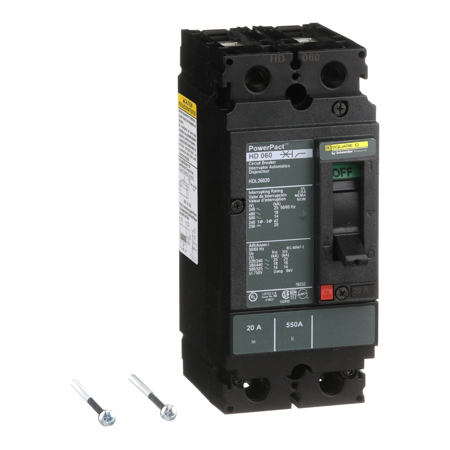 Circuit breaker, PowerPacT H, 20A, 2 pole, 600VAC, 14kA, lugs, thermal magnetic, 80%