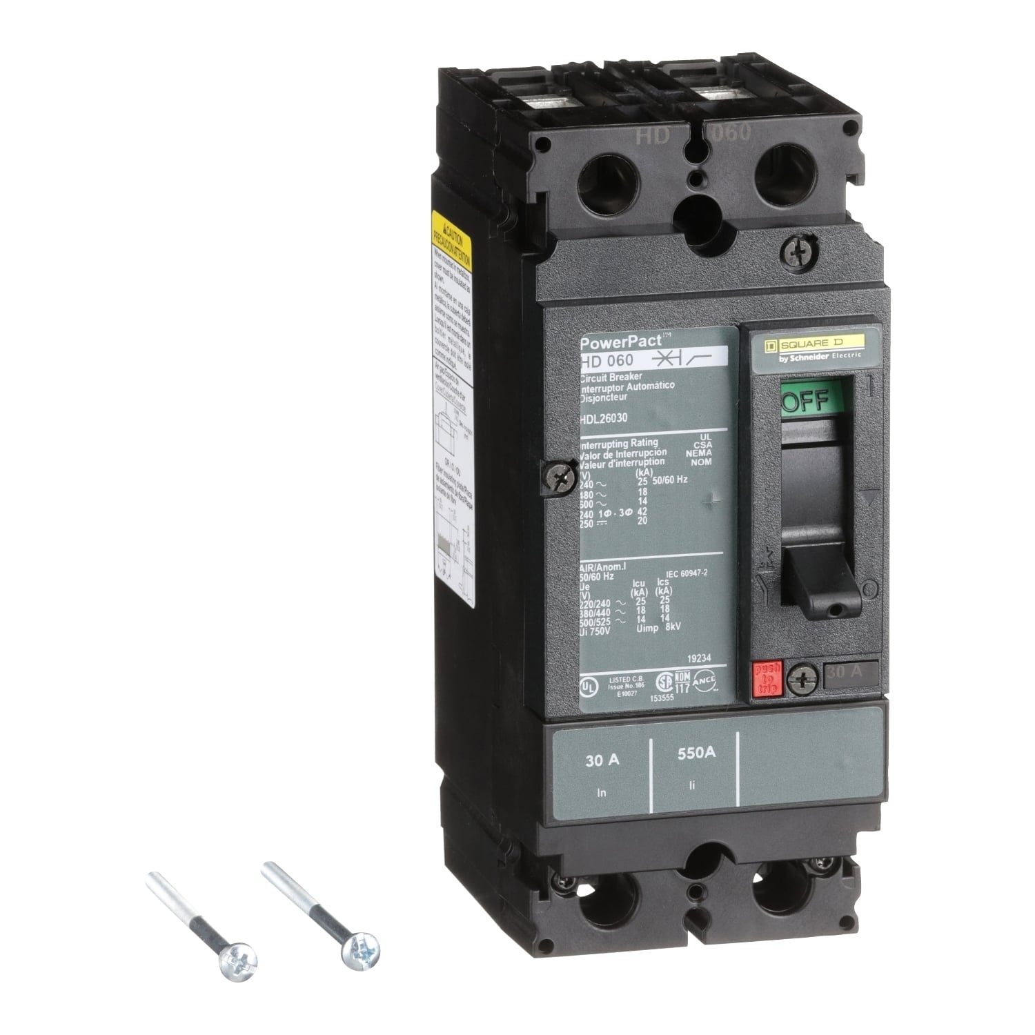 Circuit breaker, PowerPacT H, 30A, 2 pole, 600VAC, 14kA, lugs, thermal magnetic, 80%