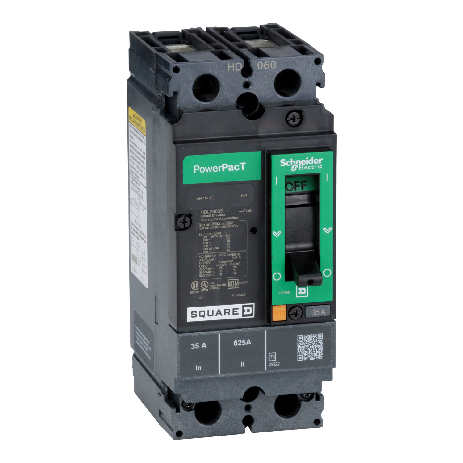 Circuit breaker, PowerPacT H, 35A, 2 pole, 600VAC, 14kA, lugs, thermal magnetic, 80%