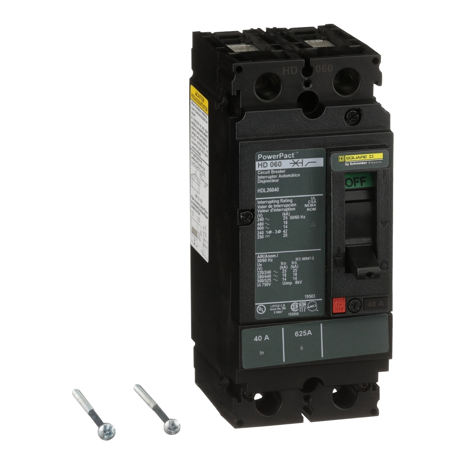 Circuit breaker, PowerPacT H, 40A, 2 pole, 600VAC, 14kA, lugs, thermal magnetic, 80%
