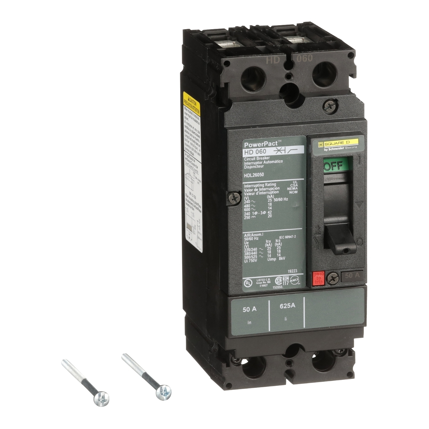 Circuit breaker, PowerPacT H, 50A, 2 pole, 600VAC, 14kA, lugs, thermal magnetic, 80%