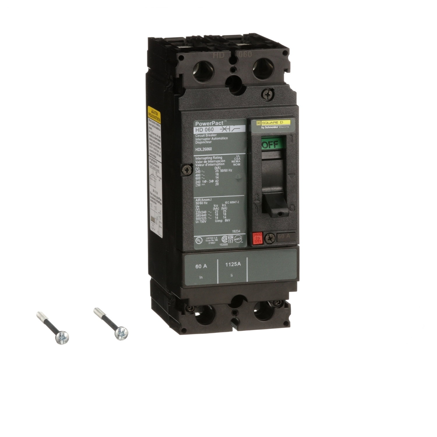 Circuit breaker, PowerPacT H, 60A, 2 pole, 600VAC, 14kA, lugs, thermal magnetic, 80%