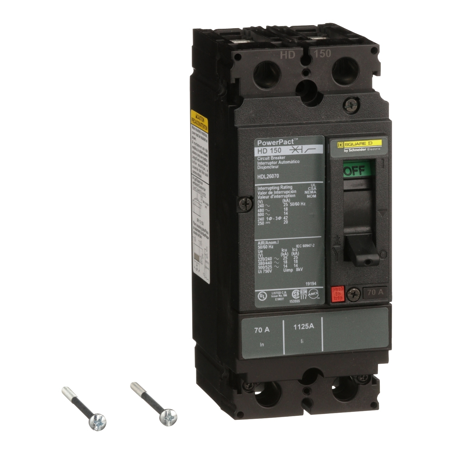 Circuit breaker, PowerPacT H, 70A, 2 pole, 600VAC, 14kA, lugs, thermal magnetic, 80%