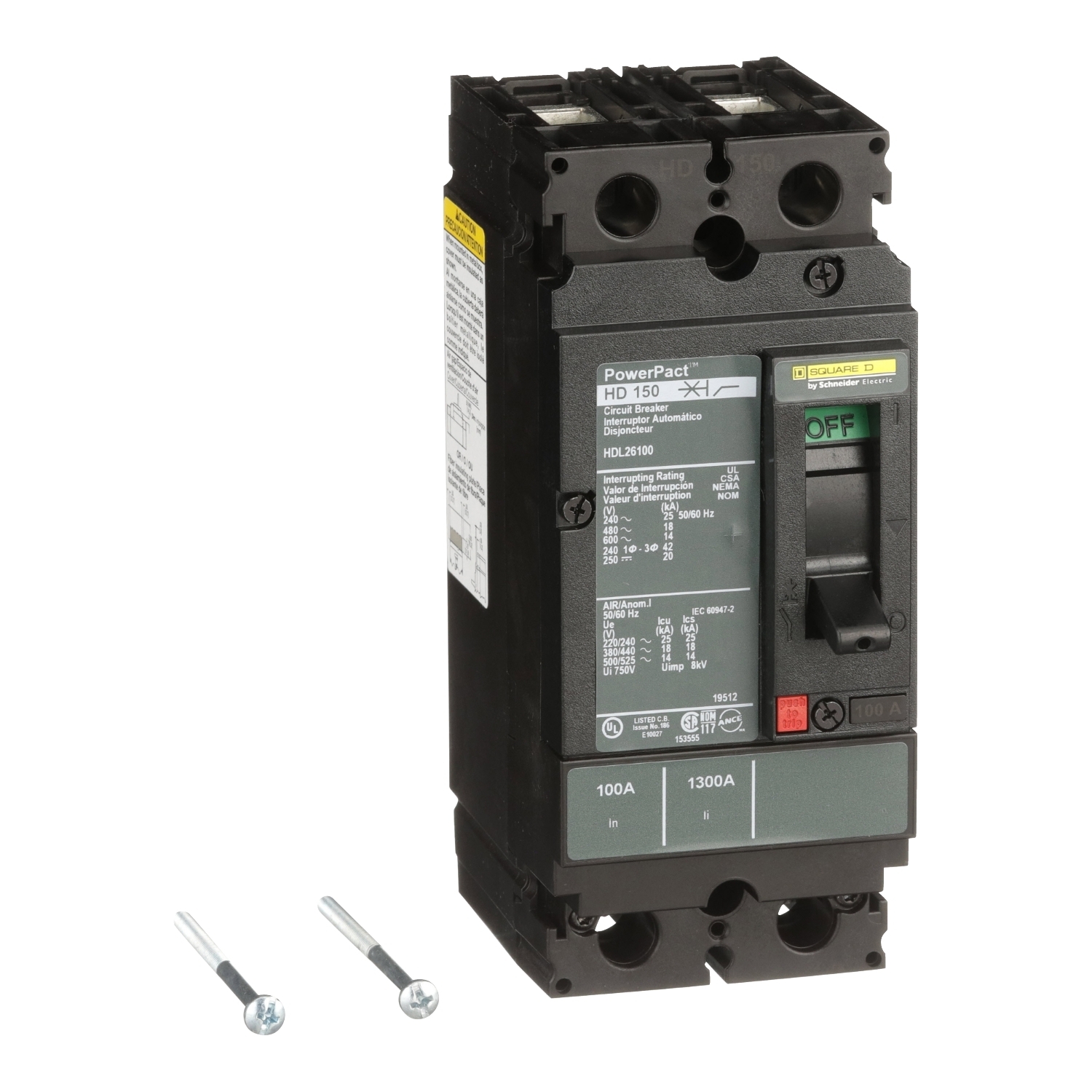 Circuit breaker, PowerPacT H, 100A, 2 pole, 600VAC, 14kA, lugs, thermal magnetic, 80%