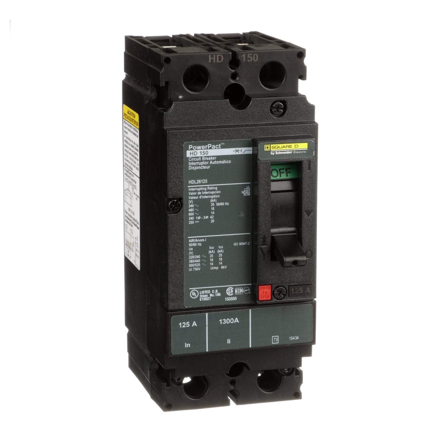 Circuit breaker, PowerPacT H, 125A, 2 pole, 600VAC, 14kA, lugs, thermal magnetic, 80%