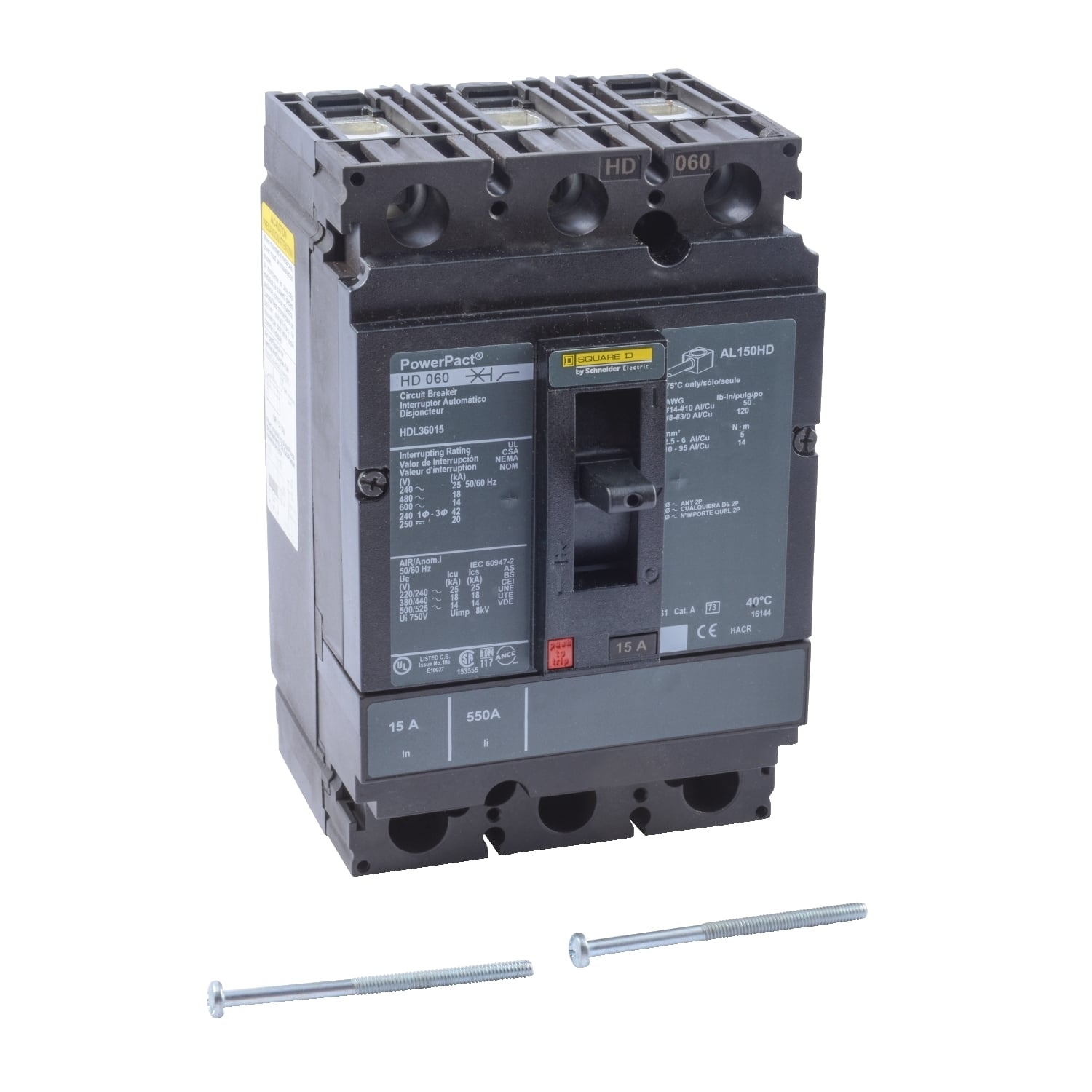 Circuit breaker, PowerPacT H, 15A, 3 pole, 600VAC, 14kA, lugs, thermal magnetic, 80%