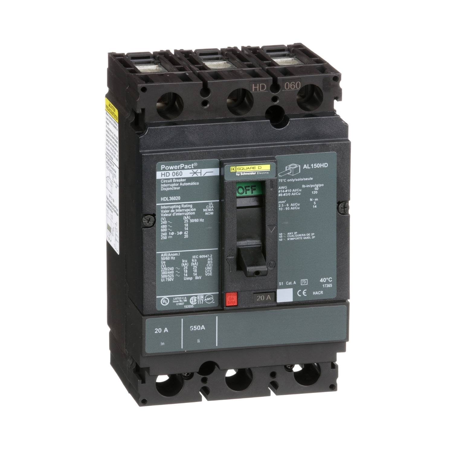 Circuit breaker, PowerPacT H, 20A, 3 pole, 600VAC, 14kA, lugs, thermal magnetic, 80%