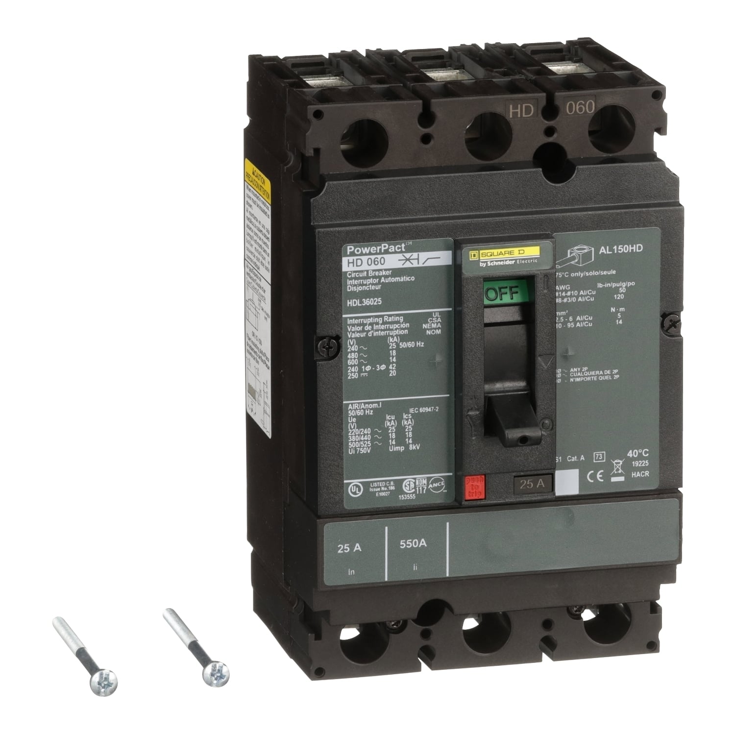 Circuit breaker, PowerPacT H, 25A, 3 pole, 600VAC, 14kA, lugs, thermal magnetic, 80%