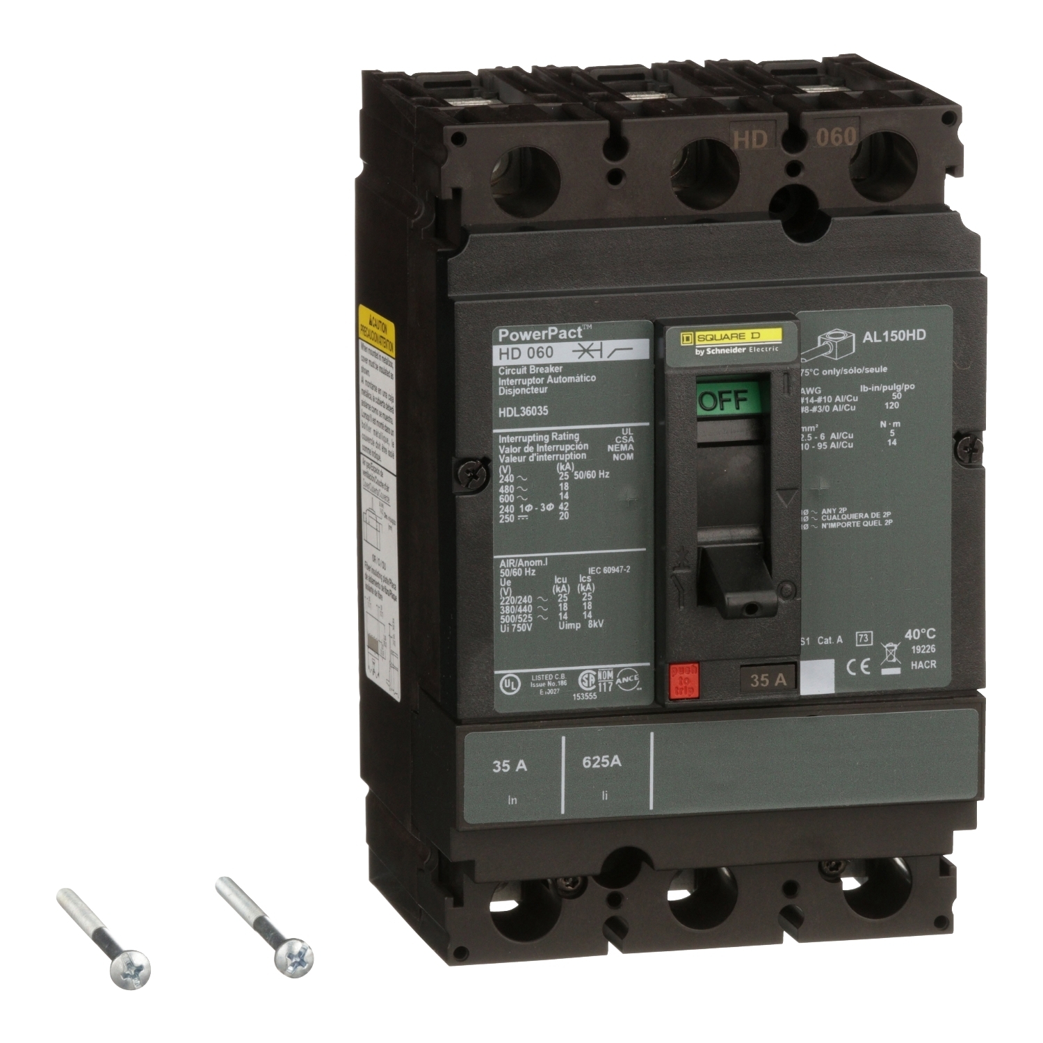 Circuit breaker, PowerPacT H, 35A, 3 pole, 600VAC, 14kA, lugs, thermal magnetic, 80%