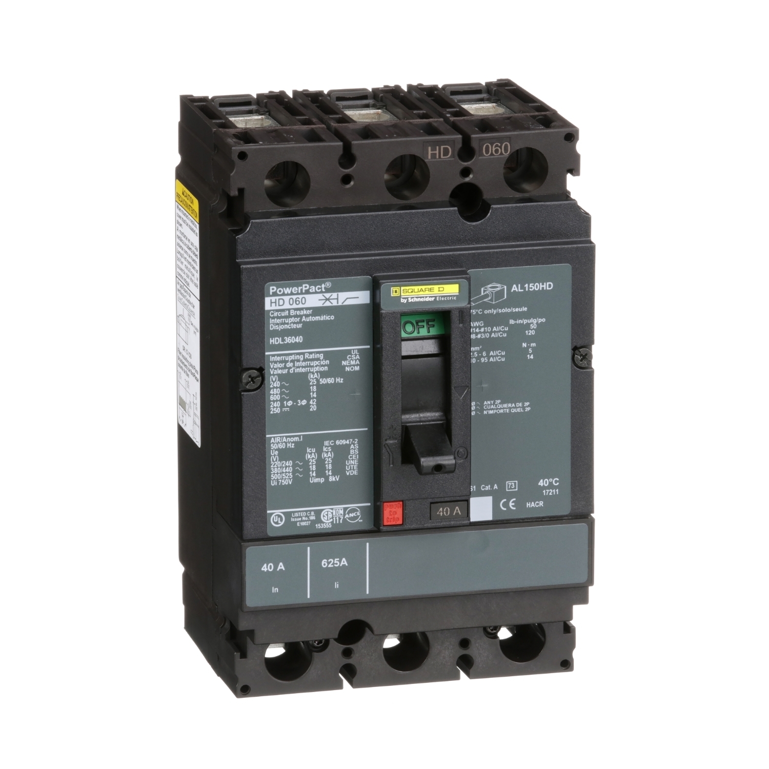Circuit breaker, PowerPacT H, 40A, 3 pole, 600VAC, 14kA, lugs, thermal magnetic, 80%