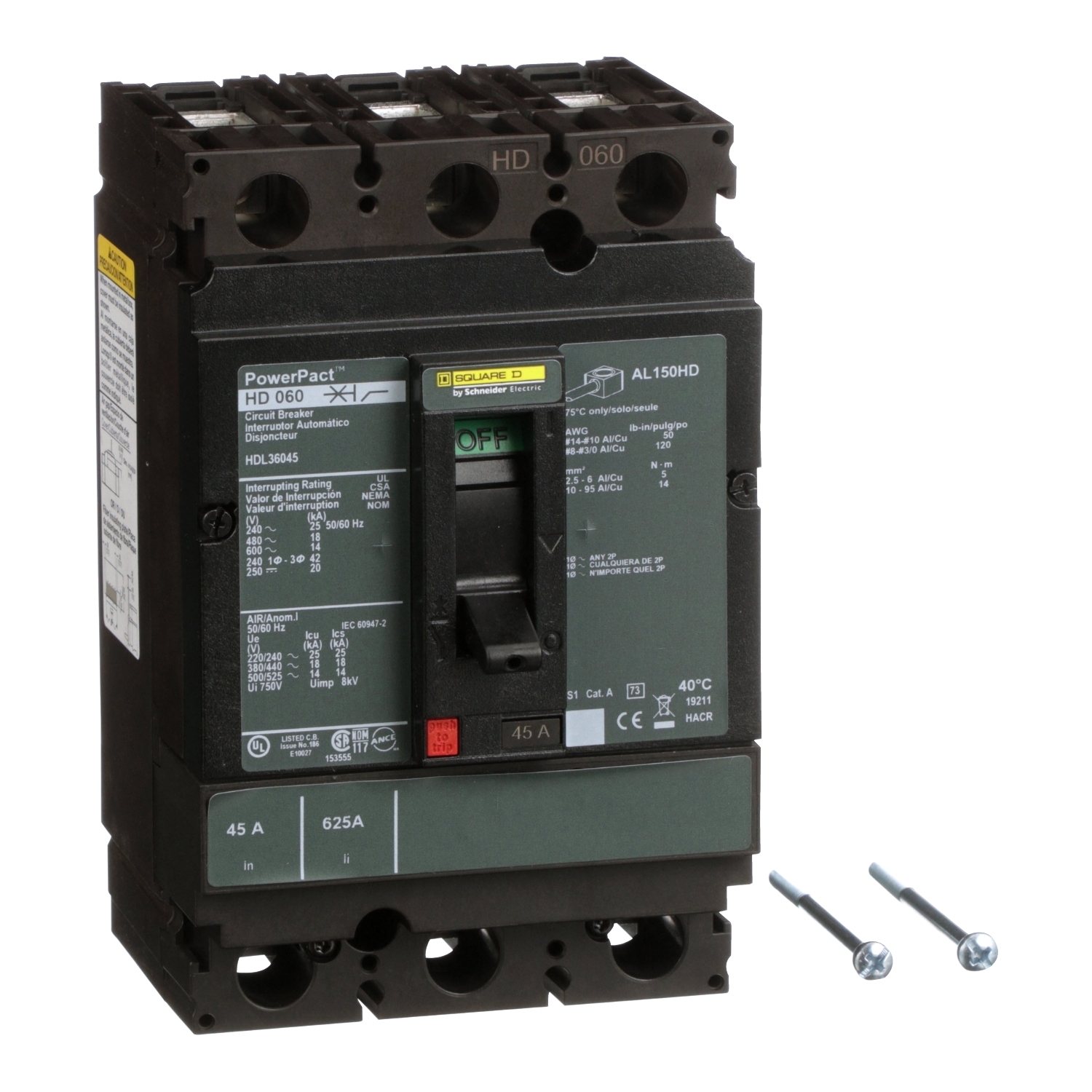 Circuit breaker, PowerPacT H, 45A, 3 pole, 600VAC, 14kA, lugs, thermal magnetic, 80%