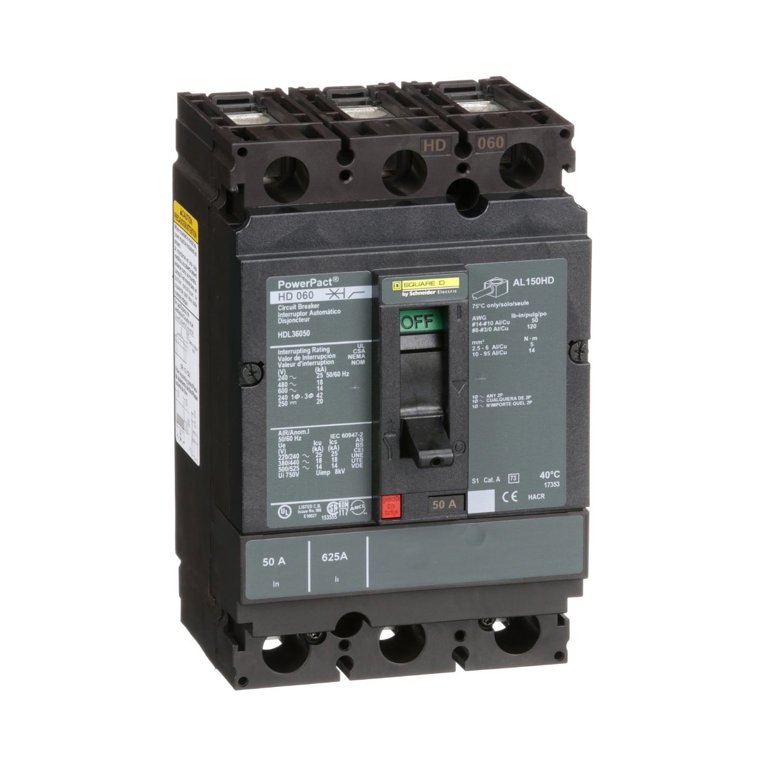 Circuit breaker, PowerPacT H, 50A, 3 pole, 600VAC, 14kA, lugs, thermal magnetic, 80%