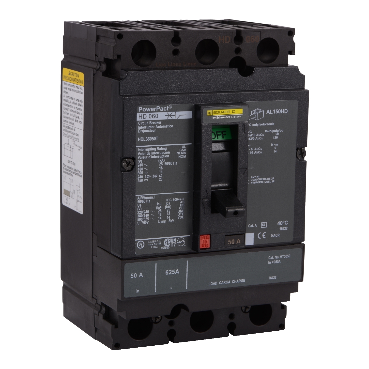 Circuit breaker, PowerPacT H, 50A, 3 pole, 600VAC, 14kA, lugs, thermal magnetic, 80%, interchangeable trip unit