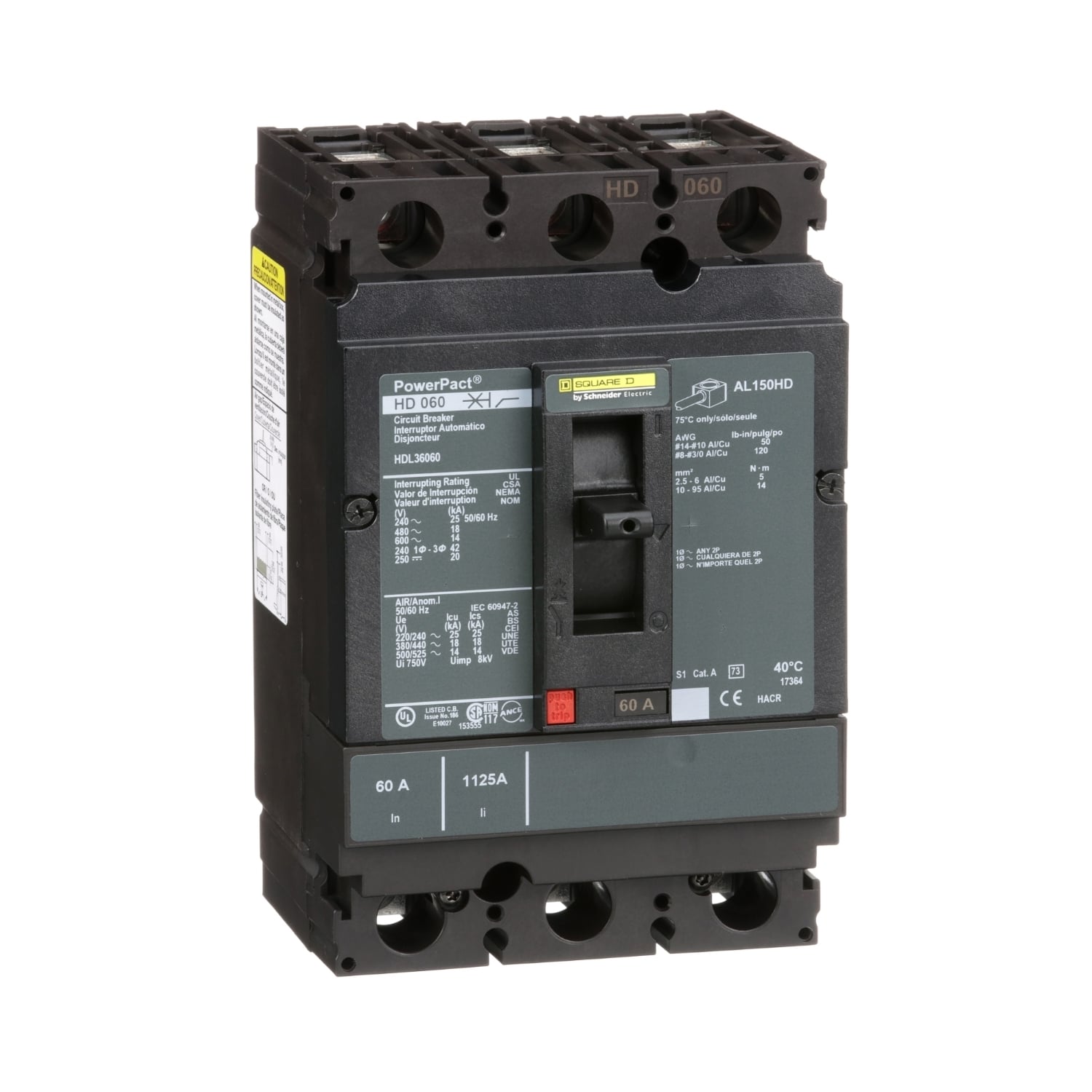 Circuit breaker, PowerPacT H, 60A, 3 pole, 600VAC, 14kA, lugs, thermal magnetic, 80%