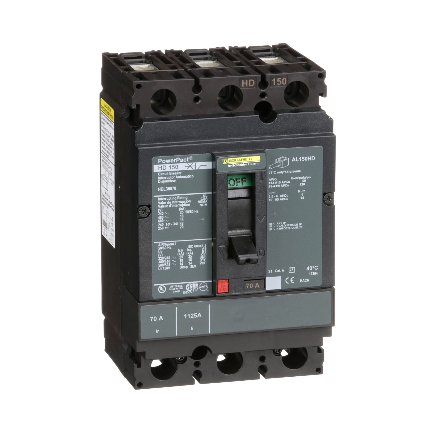 Circuit breaker, PowerPacT H, 70A, 3 pole, 600VAC, 14kA, lugs, thermal magnetic, 80%