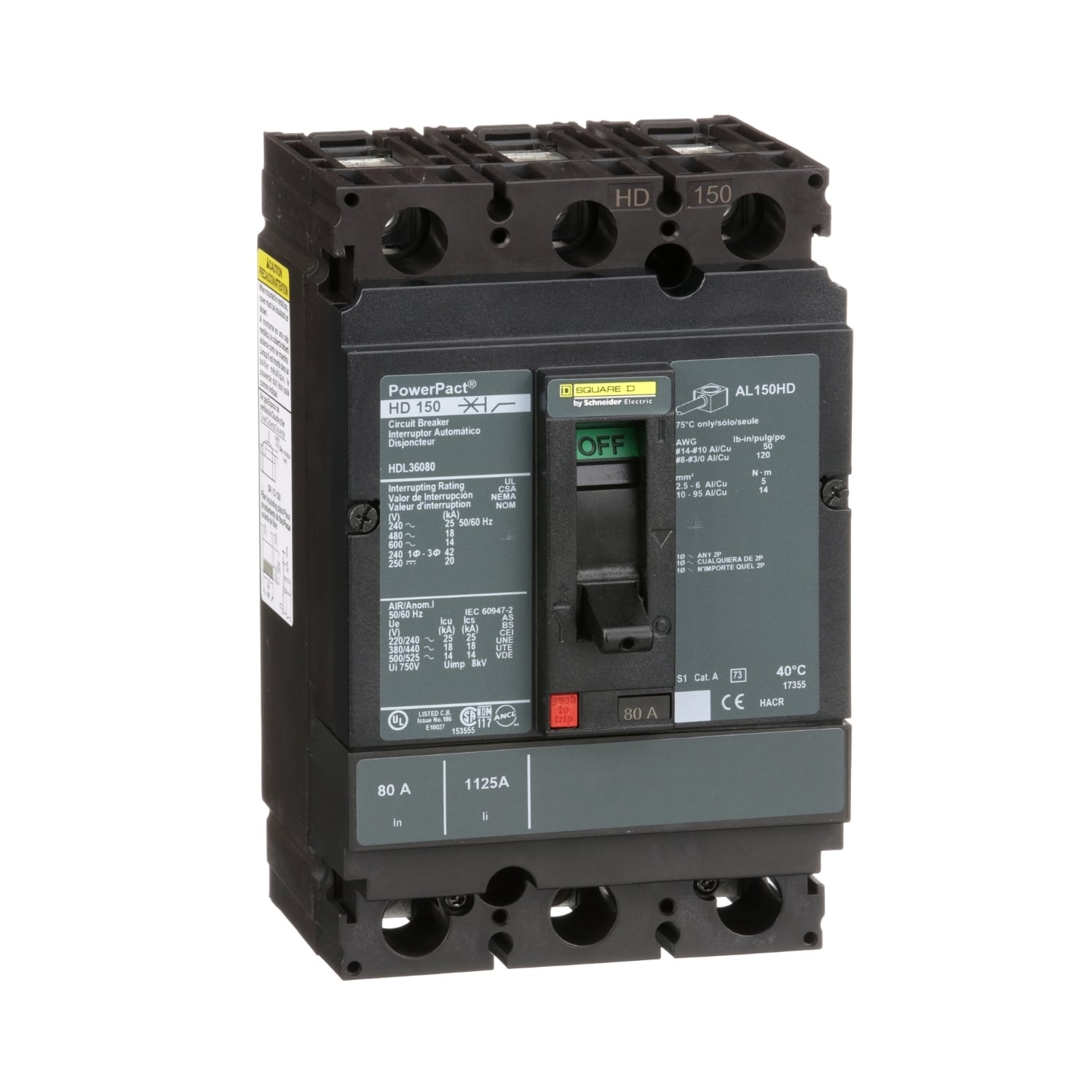 Circuit breaker, PowerPacT H, 80A, 3 pole, 600VAC, 14kA, lugs, thermal magnetic, 80%