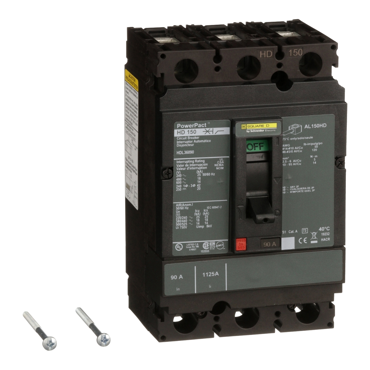 Circuit breaker, PowerPacT H, 90A, 3 pole, 600VAC, 14kA, lugs, thermal magnetic, 80%