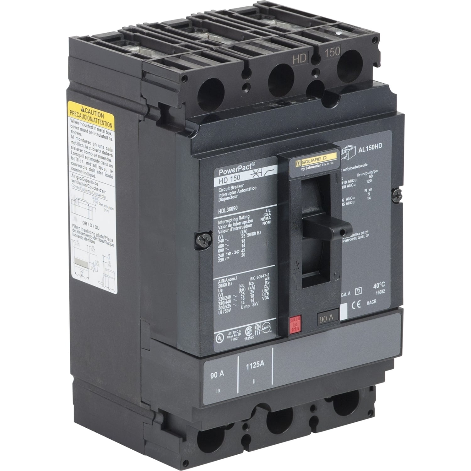 Circuit breaker, PowerPacT H, 90A, 3 pole, 600VAC, 14kA, lugs, thermal magnetic, 100%