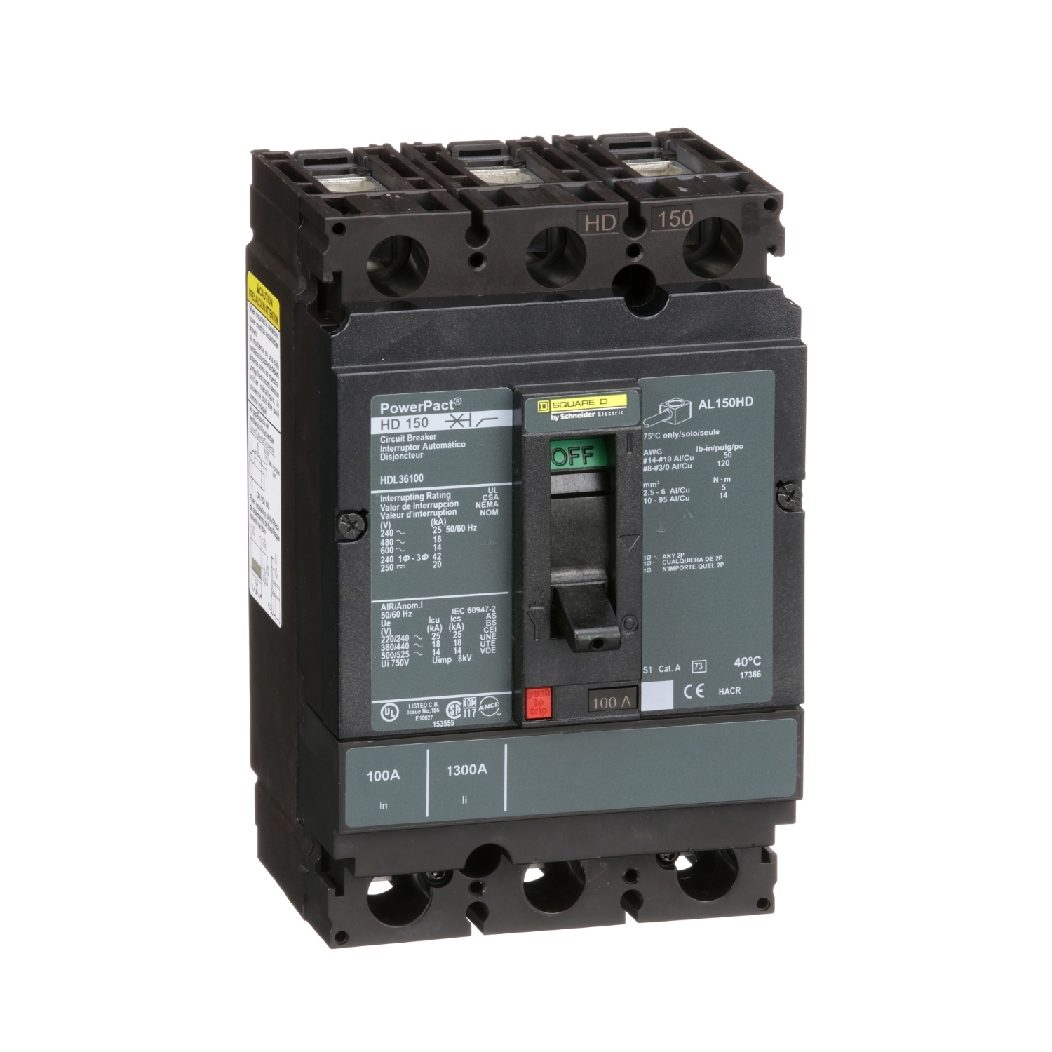 Circuit breaker, PowerPacT H, 100A, 3 pole, 600VAC, 14kA, lugs, thermal magnetic, 80%