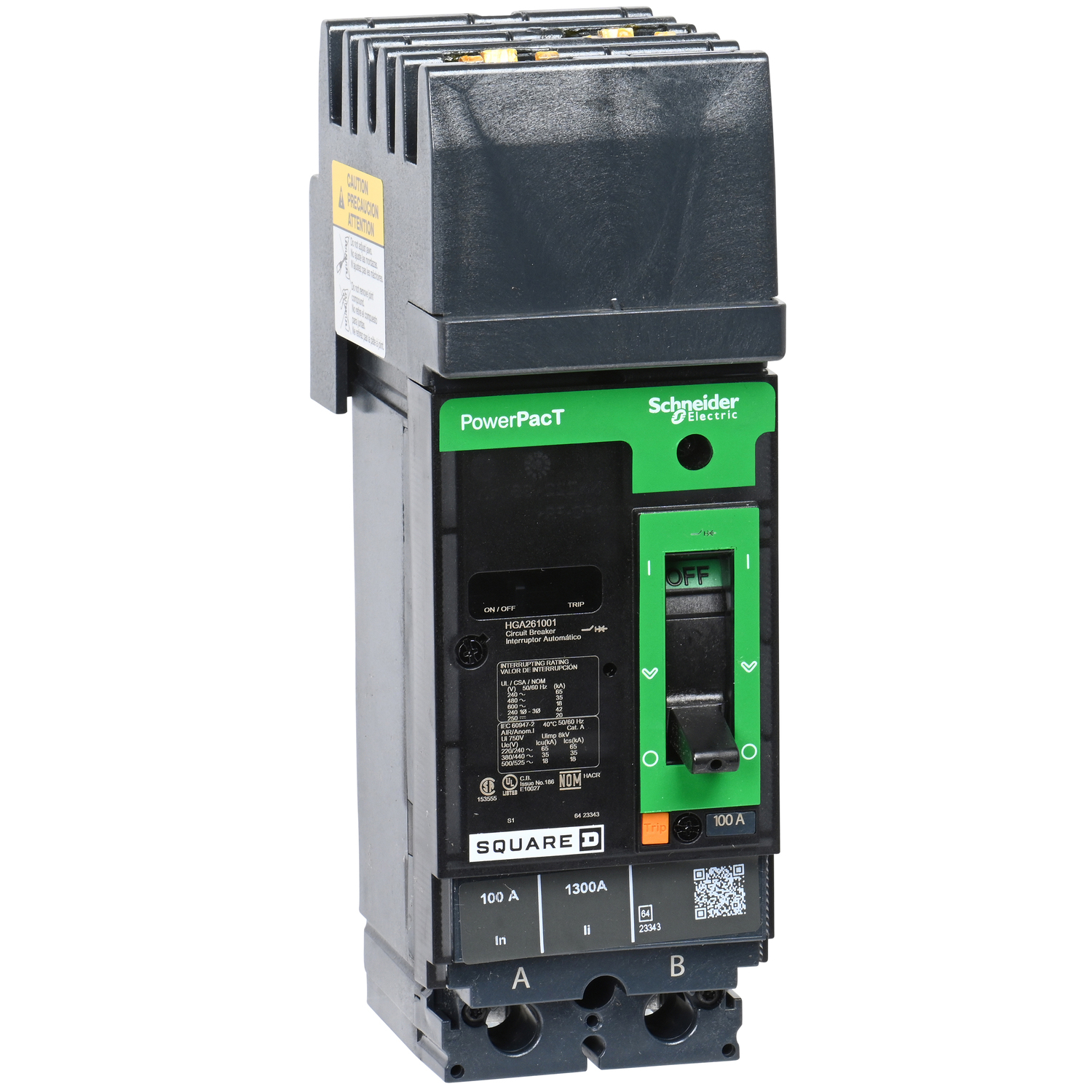 Circuit breaker, PowerPacT H, 100A, 2 pole, 600VAC, 18kA, I-Line, thermal magnetic, 80%, AB