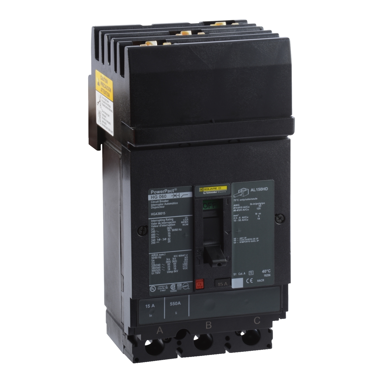 Circuit breaker, PowerPacT H, 15A, 3 pole, 600VAC, 18kA, I-Line, thermal magnetic, 80%, ABC