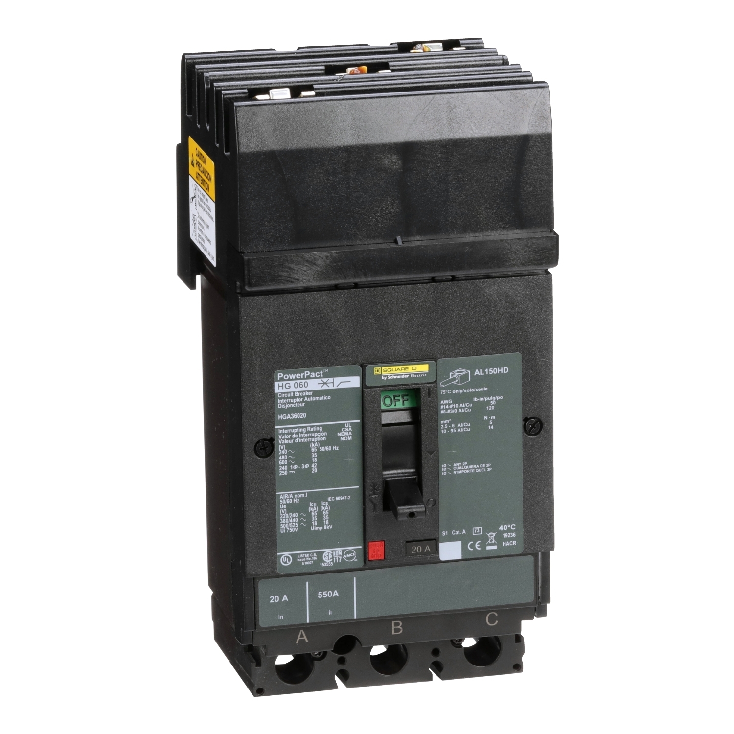Circuit breaker, PowerPacT H, 20A, 3 pole, 600VAC, 18kA, I-Line, thermal magnetic, 80%, ABC