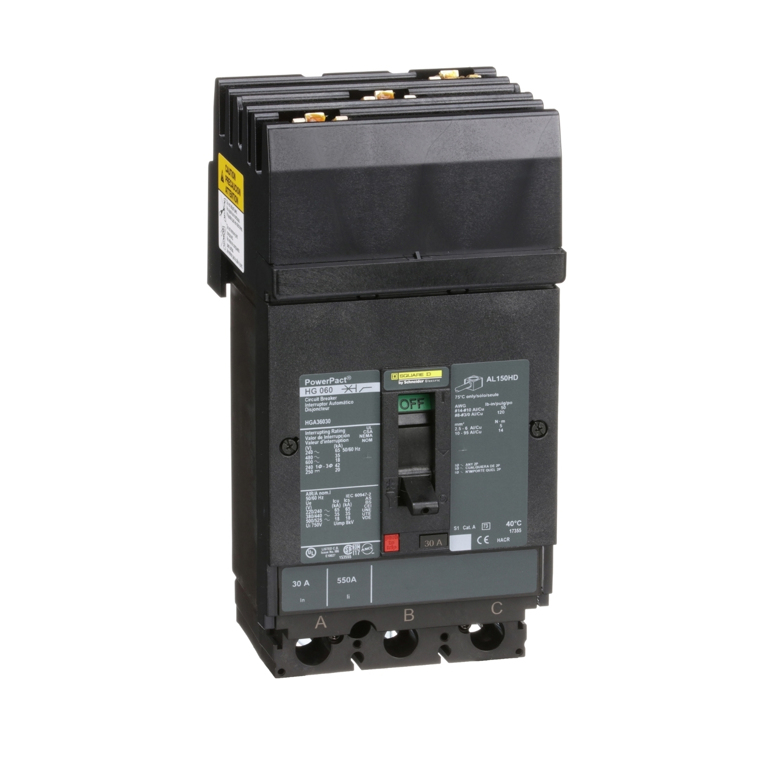 Circuit breaker, PowerPacT H, 30A, 3 pole, 600VAC, 18kA, I-Line, thermal magnetic, 80%, ABC