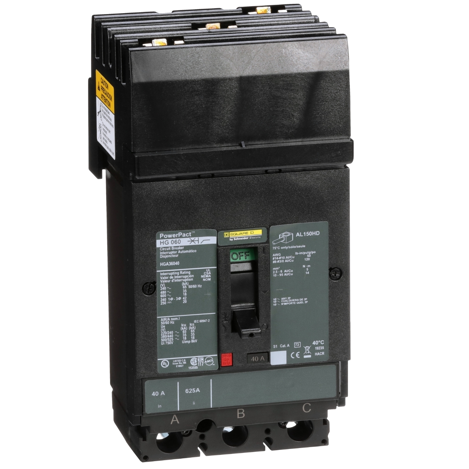 Circuit breaker, PowerPacT H, 40A, 3 pole, 600VAC, 18kA, I-Line, thermal magnetic, 80%, ABC