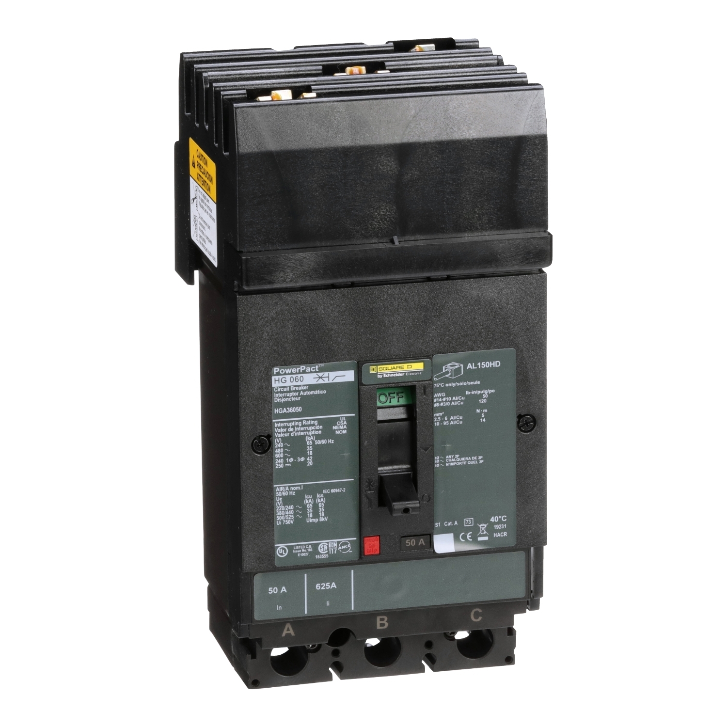 Circuit breaker, PowerPacT H, 50A, 3 pole, 600VAC, 18kA, I-Line, thermal magnetic, 80%, ABC