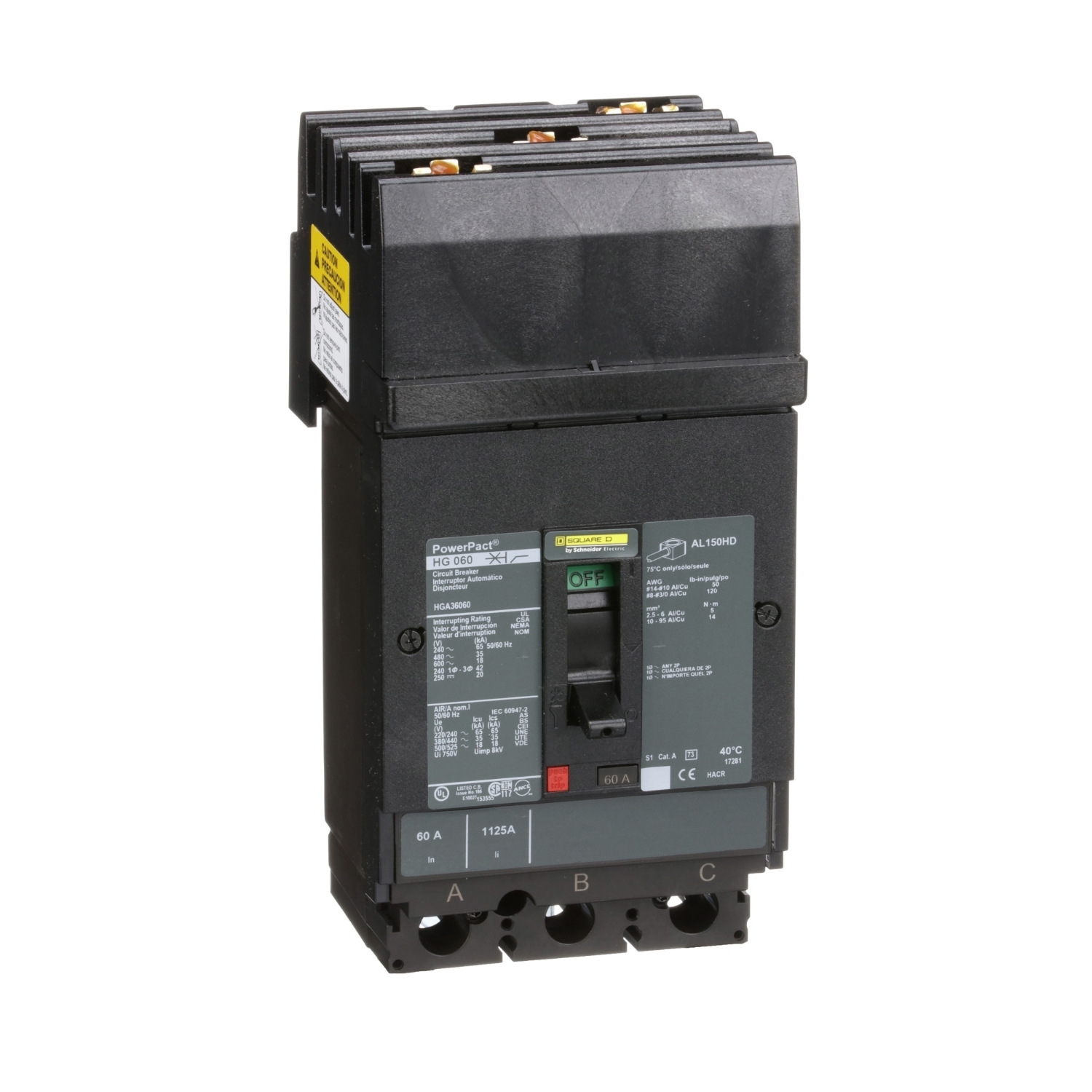 Circuit breaker, PowerPacT H, 60A, 3 pole, 600VAC, 18kA, I-Line, thermal magnetic, 80%, ABC