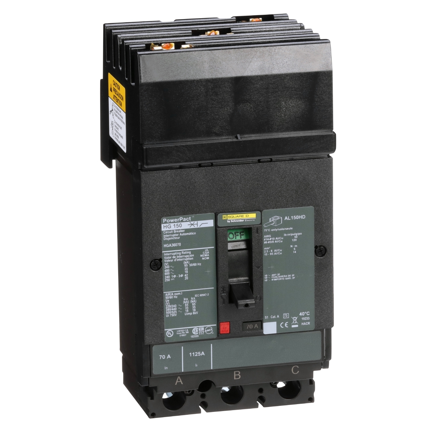 Circuit breaker, PowerPacT H, 70A, 3 pole, 600VAC, 18kA, I-Line, thermal magnetic, 80%, ABC