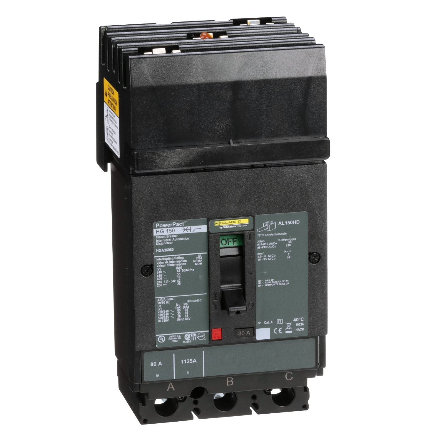 Circuit breaker, PowerPacT H, 80A, 3 pole, 600VAC, 18kA, I-Line, thermal magnetic, 80%, ABC