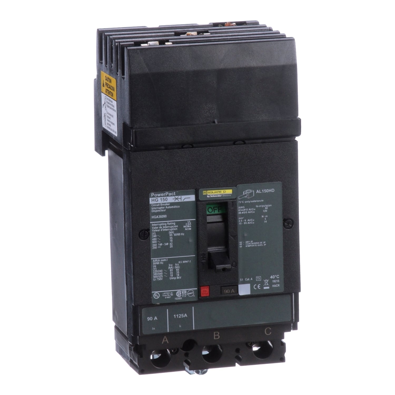 Circuit breaker, PowerPacT H, 90A, 3 pole, 600VAC, 18kA, I-Line, thermal magnetic, 80%, ABC