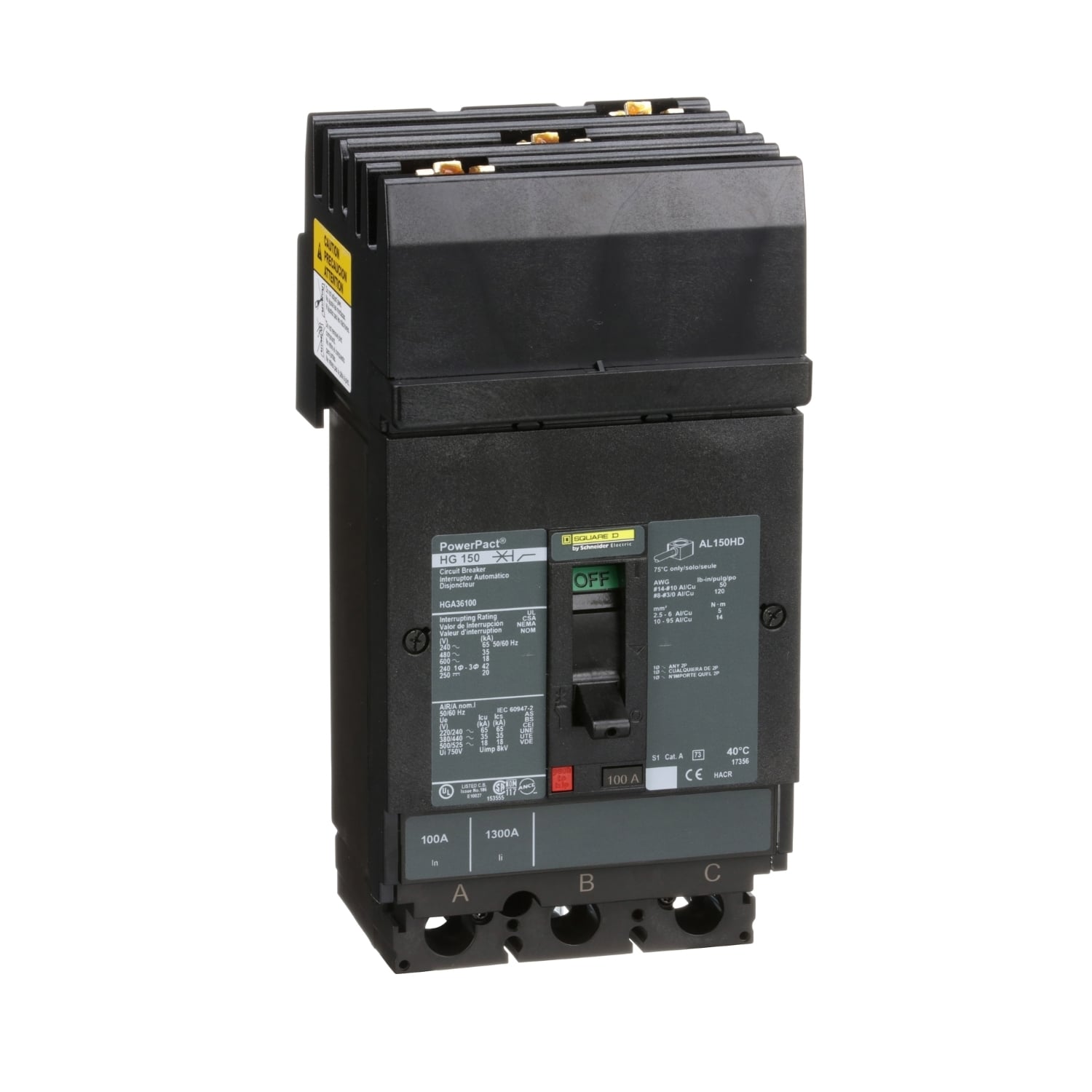 Circuit breaker, PowerPacT H, 100A, 3 pole, 600VAC, 18kA, I-Line, thermal magnetic, 80%, ABC