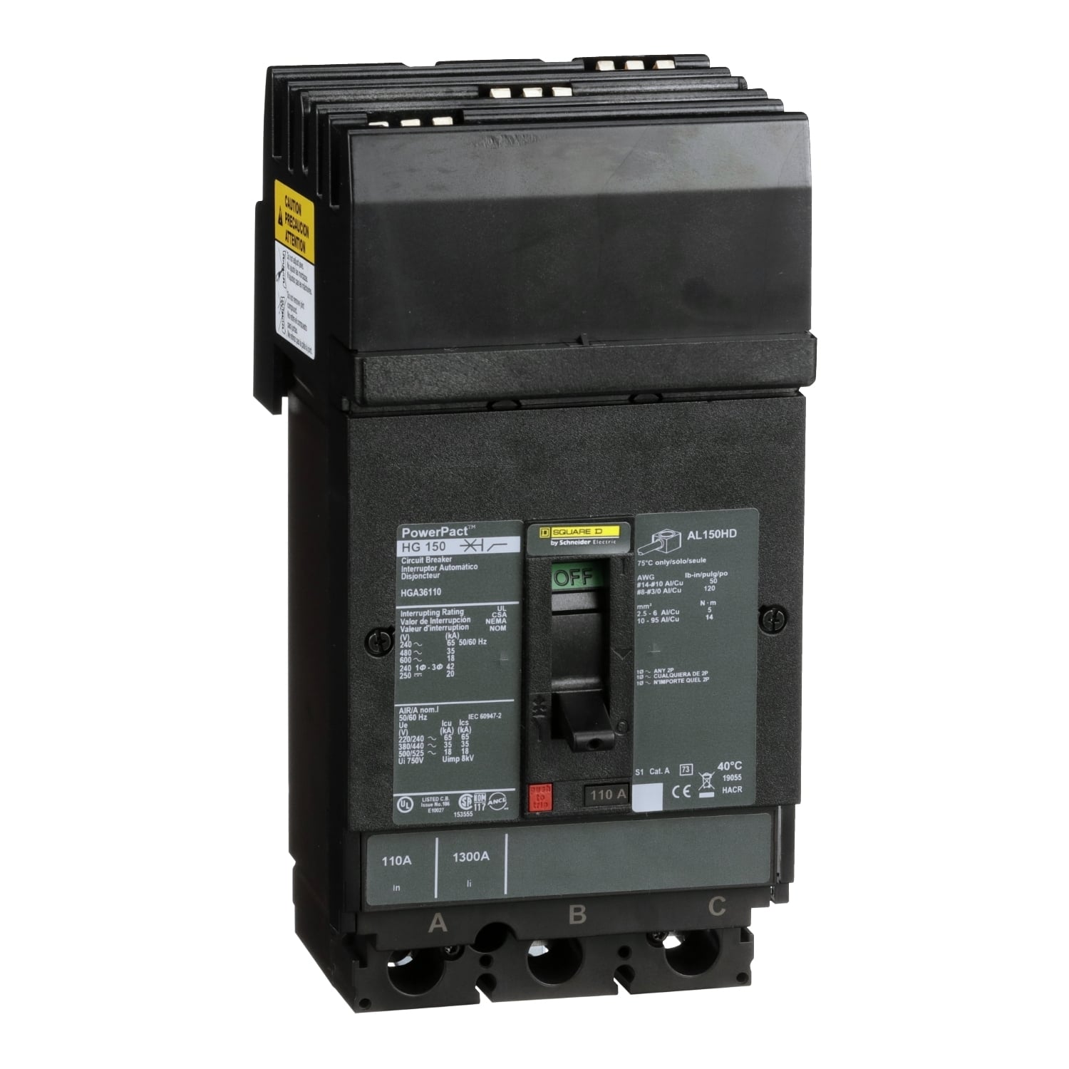 Circuit breaker, PowerPacT H, 110A, 3 pole, 600VAC, 18kA, I-Line, thermal magnetic, 80%, ABC
