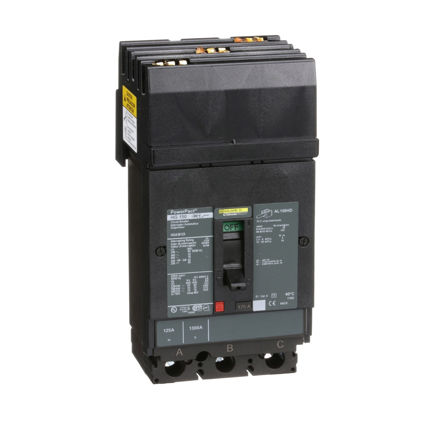 Circuit breaker, PowerPacT H, 125A, 3 pole, 600VAC, 18kA, I-Line, thermal magnetic, 80%, ABC