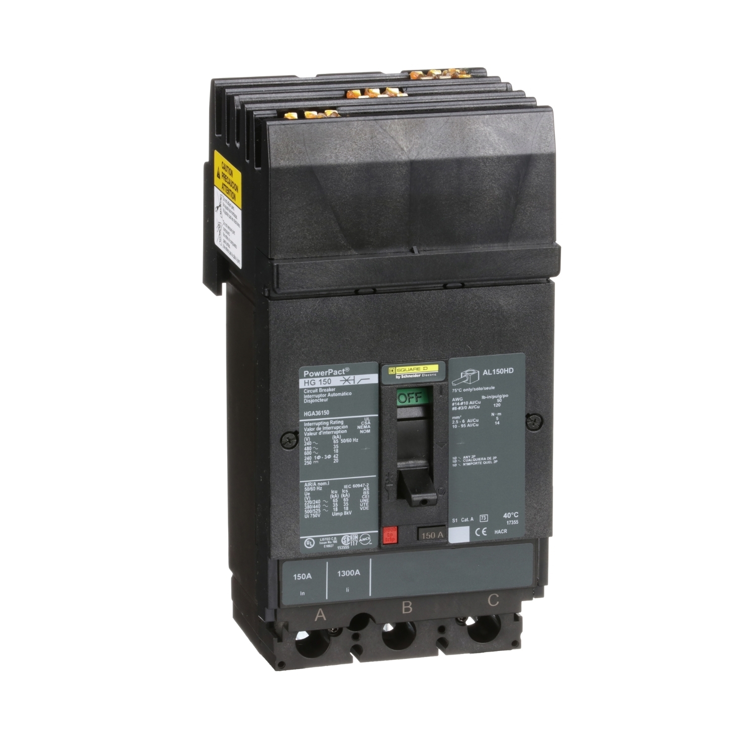 Circuit breaker, PowerPacT H, 150A, 3 pole, 600VAC, 18kA, I-Line, thermal magnetic, 80%, ABC