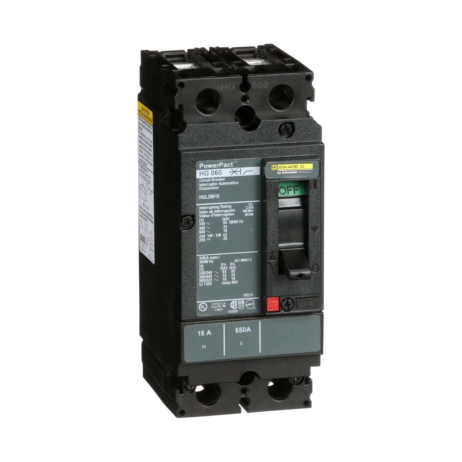 Circuit breaker, PowerPacT H, 15A, 2 pole, 600VAC, 18kA, lugs, thermal magnetic, 80%