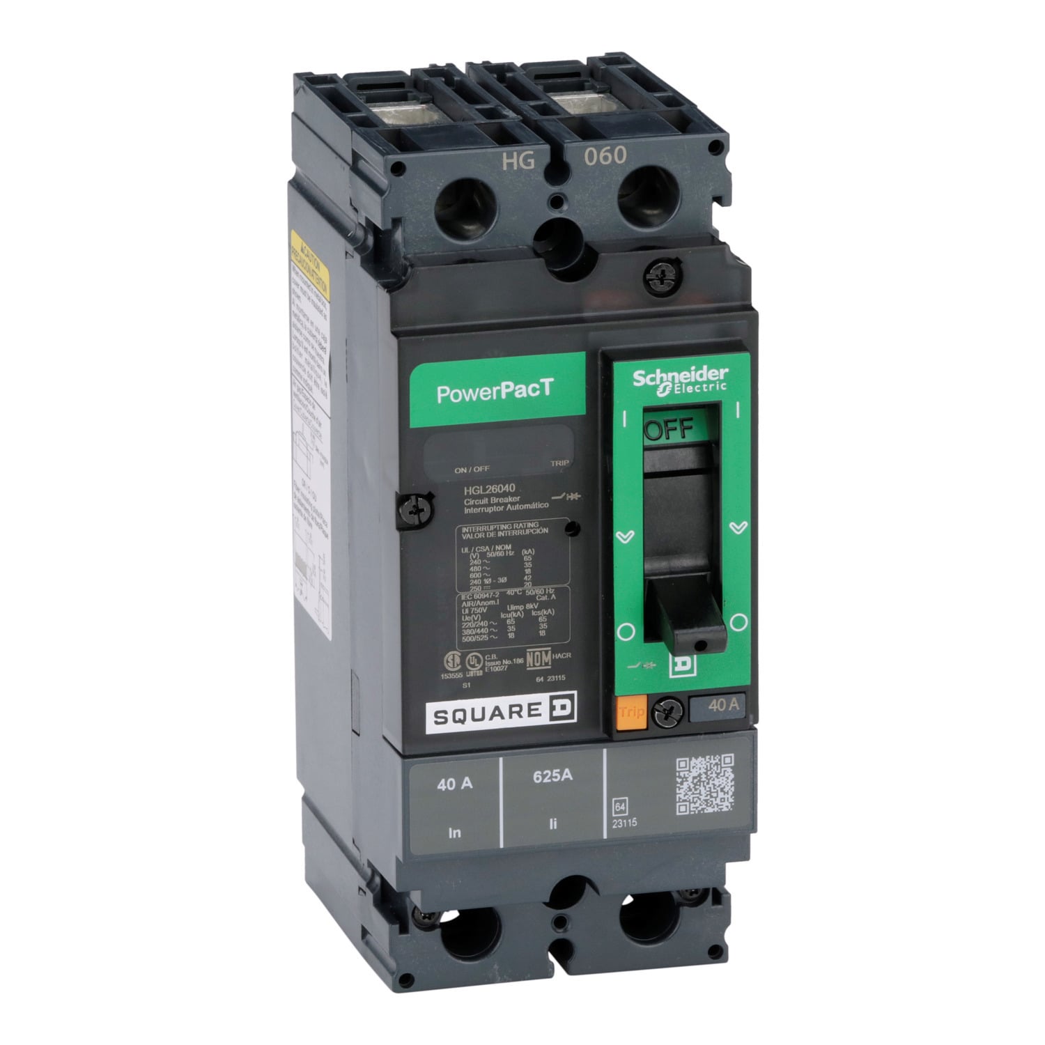 Circuit breaker, PowerPacT H, 40A, 2 pole, 600VAC, 18kA, lugs, thermal magnetic, 80%