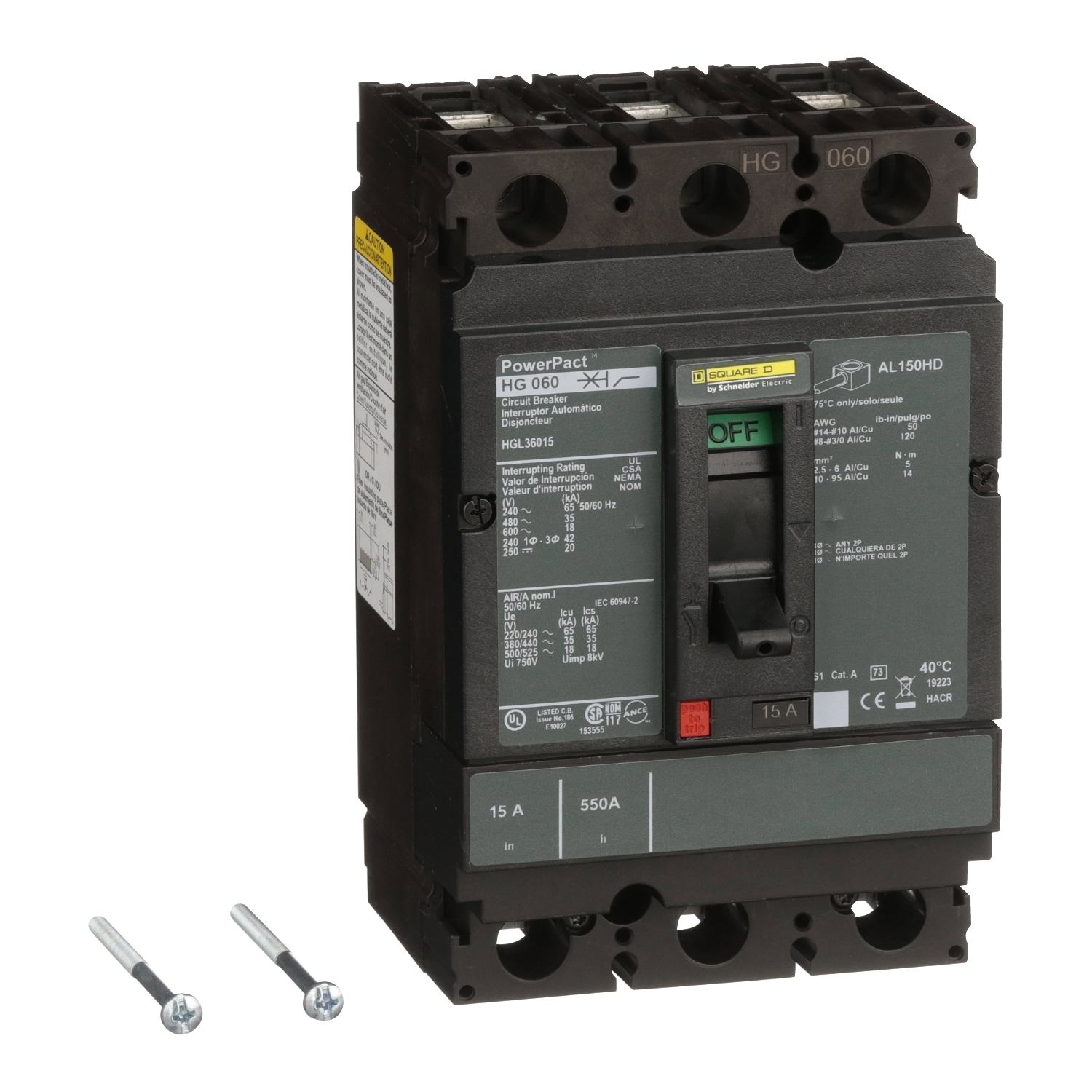 Circuit breaker, PowerPacT H, 15A, 3 pole, 600VAC, 18kA, lugs, thermal magnetic, 80%