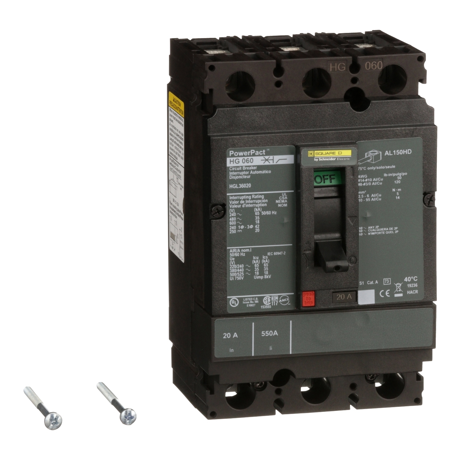 Circuit breaker, PowerPacT H, 20A, 3 pole, 600VAC, 18kA, lugs, thermal magnetic, 80%